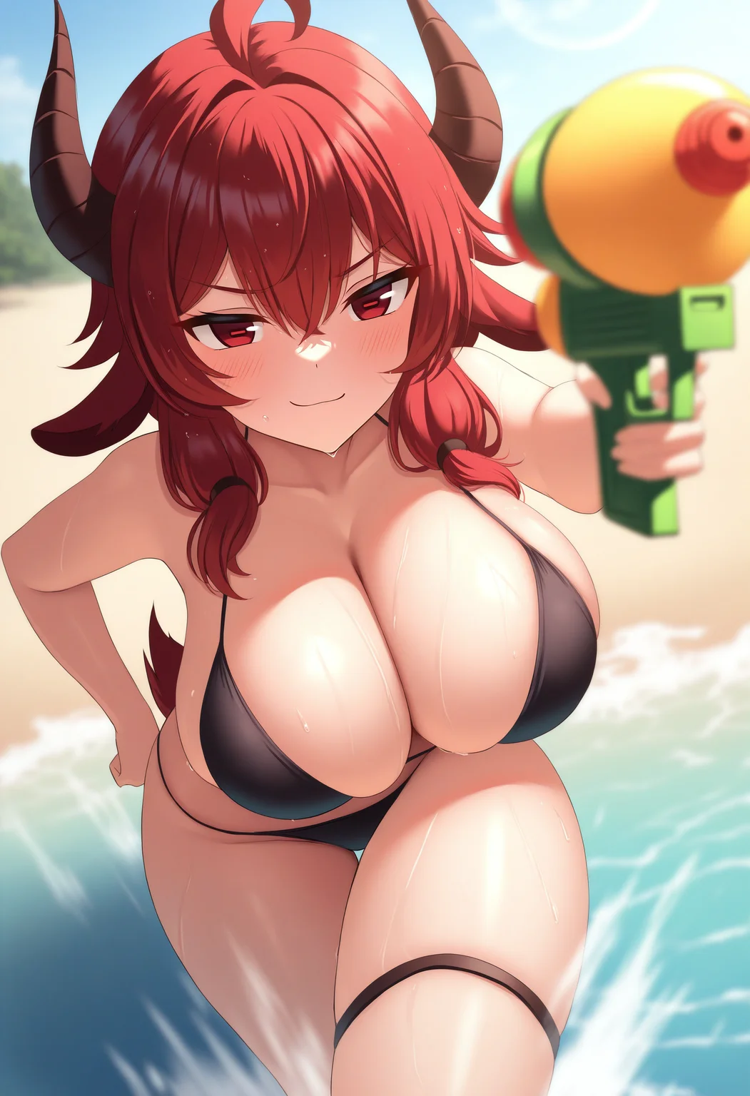masterpiece, best quality, 
1girl, solo, 
<lora:wrenchGoatChanIllu:1>, wrnchgchan, red eyes, red hair, goat horns, large breasts, breasts, goat ears, ahoge, long hair, tail, horizontal pupils, ahoge, short tail, 
bikini, beach, water gun, smug, pose, shooting viewer, pov, wet, leg band, (blurry vision:1.2), water_on_screen, motion blur, running, motion lines, afterimage,