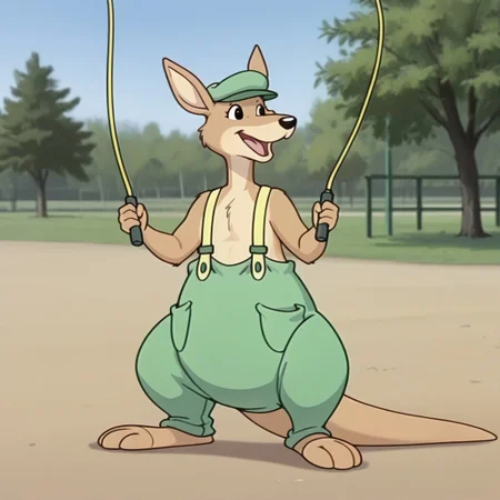masterpiece, best quality, amazing quality, Splodgebbil, semi-anthro, male, kangaroo, tan fur, black eyes, tail, green hat, green pants, yellow suspenders,  at a park, jump rope