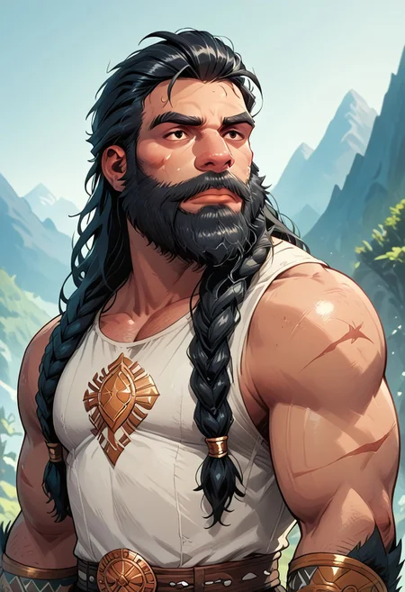 score_9, score_8_up, score_7_up, solo, solo focus, male focus, 1 boy, male, beard, facial hair, braid, braided beard, big beard, epic beard, Dwarf, short stature, big nose, wide shoulders, muscular, black hair, scars, scar