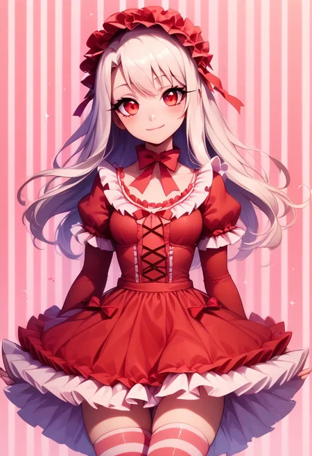 score_9, score_8_up, score_8, medium breasts, (curvy), cute, eyelashes,
BREAK,
zzIllya, red eyes, white hair,
BREAK,
closed mouth, alternate costume, smile, looking at viewer, blush,
zzLFashion, frilled dress, frills, bow, dress, striped thighhighs,,
zPDXL,