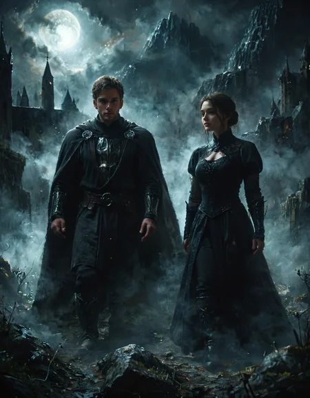 score_9, score_8_up, score_7_up, source_photo, (realistic:1.4) realistic, Gothic art, dark tones, intricate details, dramatic lighting, high contrast, medieval influence, ornate, mysterious, front view, a man and a woman, couple, 1man, 1woman, the man is a knight in detailed armor, the woman is a witch in robes with a magical staff, cityscape, atmospheric, moody, haunting beauty, sharp shadows, textured (dynamic pose:1.4), depth of field, style of Andreas Achenbach, <lora:extremely_detailed:0.85>, <lora:EerieXL:0.8>, <lora:AndreasAchenbachXL:0.75>
