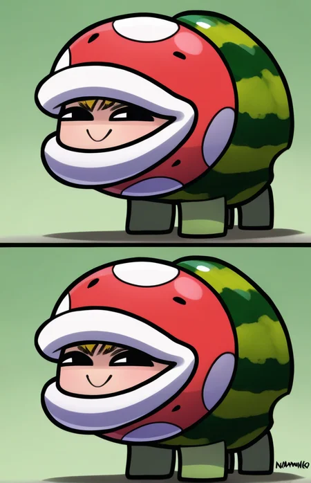 masterpiece, best quality, <lora:ChamWatamelonIllustriousXL:1>, 1other, Watamelon, no humans, cosplay, chibi, watermelon, all fours, smile, smug, half-closed eyes, piranha plant,