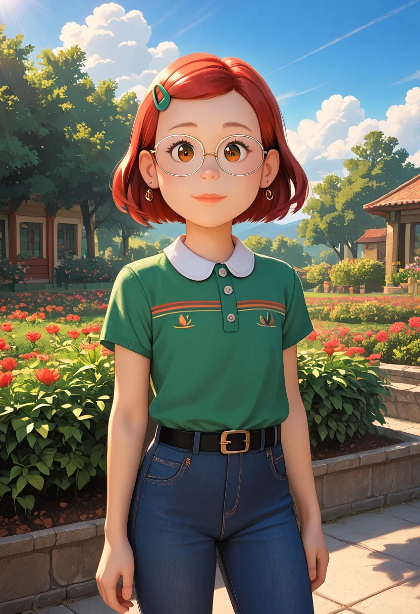 (masterpiece:1.5), unreal 8k wallpaper, unity 8k wallpaper, best quality, ultra-detailed, (high res), cinematic lighting, beautiful lighting, smooth lighting, (detailed background), absurd, high-res, dynamic lighting, score_9, score_8_up, score_7_up, 1girl, solo, solo focus, ((cowboy shot)), looking at viewer, (narrow waist, skinny, slender body, slim), (outdoors, floral garden, garden shed in background, Blue sky, clouds), bright lighting, daylight, sunshine, cute, kawaii, (closed mouth), happy, smile, ((standing)), alone, (arms at sides), (gleaming eyes, big eyes), perfect anatomy, masterpiece_portrait, extreme quality, dynamic lighting, cinematic style, cinematic quality, precise, precision, colorful, striking visuals, sharp focus, light reflection, perfect eyes, (perfect hands:1.3), perfection, score_6_up, m_l, small body, plump, brown eyes, short hair, red hair, clear glasses, mint hairpin, blue jeans, black belt, green shirt, short sleeves, (rating_safe, sfw), makeup, lipstick, lips, red lips, earrings, hair ornament, posing, long legs,