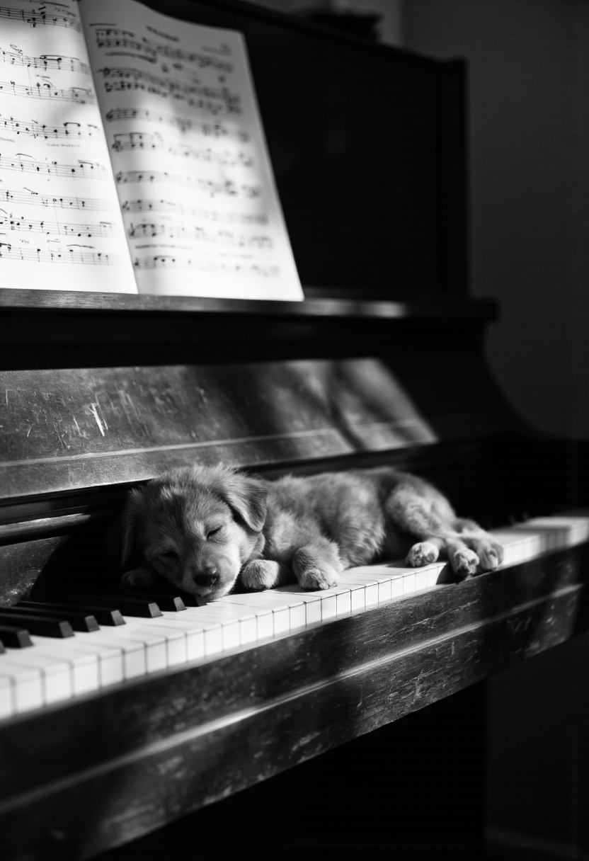 NyxBorne. A black and white photo shoot from a close-up camera angle about a small dog sleeping on a piano keyboard. the image also shows a cozy indoor setting with a blurred background. on the middle of the image, a small, fluffy dog appears to be sleeping, with its eyes closed and a peaceful expression on its face. the dog is lying on its side on the piano keys, its body curled up in a relaxed position. it is grey in color and has a fluffy texture. the piano has a vintage design with sheet music on it, and the lighting is soft and natural, creating a warm and inviting atmosphere. the overall mood is peaceful and serene.