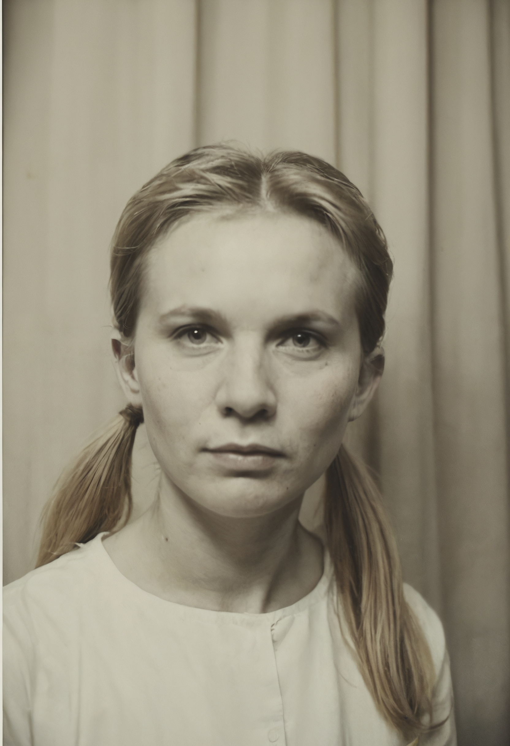 score_9, score_8_up, score_7_up, source_photo, photomaton, 1girl, mother, mature, portrait, Flat oval head, dark_blonde_hair, pigtails, rape face, rating_safe, Warm Dominated Palette curtains, <lora:pony/photomaton_r1:0.6000000000000001>