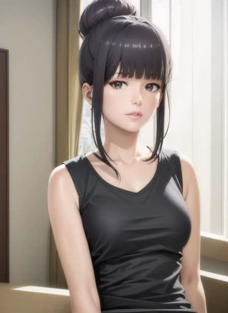 (realistic:1.5), 1girl, solo, <lora:gundou_misuzu-04:0.7>, gundou_misuzu, alternate hairstyle, single hair bun, sidelocks, japanese, teen, looking at viewer, indoors, black tank top, tank top, portrait, messy hair