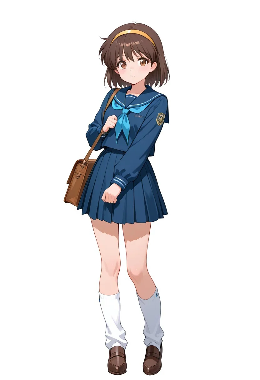 score_9, score_8_up, score_7_up, ASCII score_9, source_anime, 8K,best quality, hyper detailed,masterpiece, UHD, michiko nakajima,koryuu densetsu villgust,1girl,solo,school uniform, blue uniform, brown hair,serafuku,hairband,brown eyes,skirt,blue skirts,ocks,bag,white socks,simple background,white background,full body,1outfit
