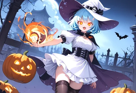 (masterpiece), (score_9, score_8_up, score_7_up,source_anime), 4K8K,
from behind, Floating Halloween pumpkins,
halloween, halloween fantasy, trick or treat, adjusting clothes,
Japanese cute woman, sitting on pumpkin, closed legs, (solo), cream skin, burning pumpkin, Fire Ball spell casting, (dark aura:1.4), open mouth, Canine, tooth, fang, cat tails,
(medium figure:0.9), (pointy breasts:1.1),
(opal hair, bob cut hair), (red glowing eyes, slanted eyes:1.2),
(wearing white Witch Costume, witch, white dress, white hat, zettai ryouiki, orange garterbelt, thighhighs:1.2), misty, steam, fog, skull object, burning skull, burningeye, flaming eye, flaming sword,
(in Foggy graveyard at dark night:1.3), nekomata, cat girl, cat ears, animal ears, animal ear fluff,