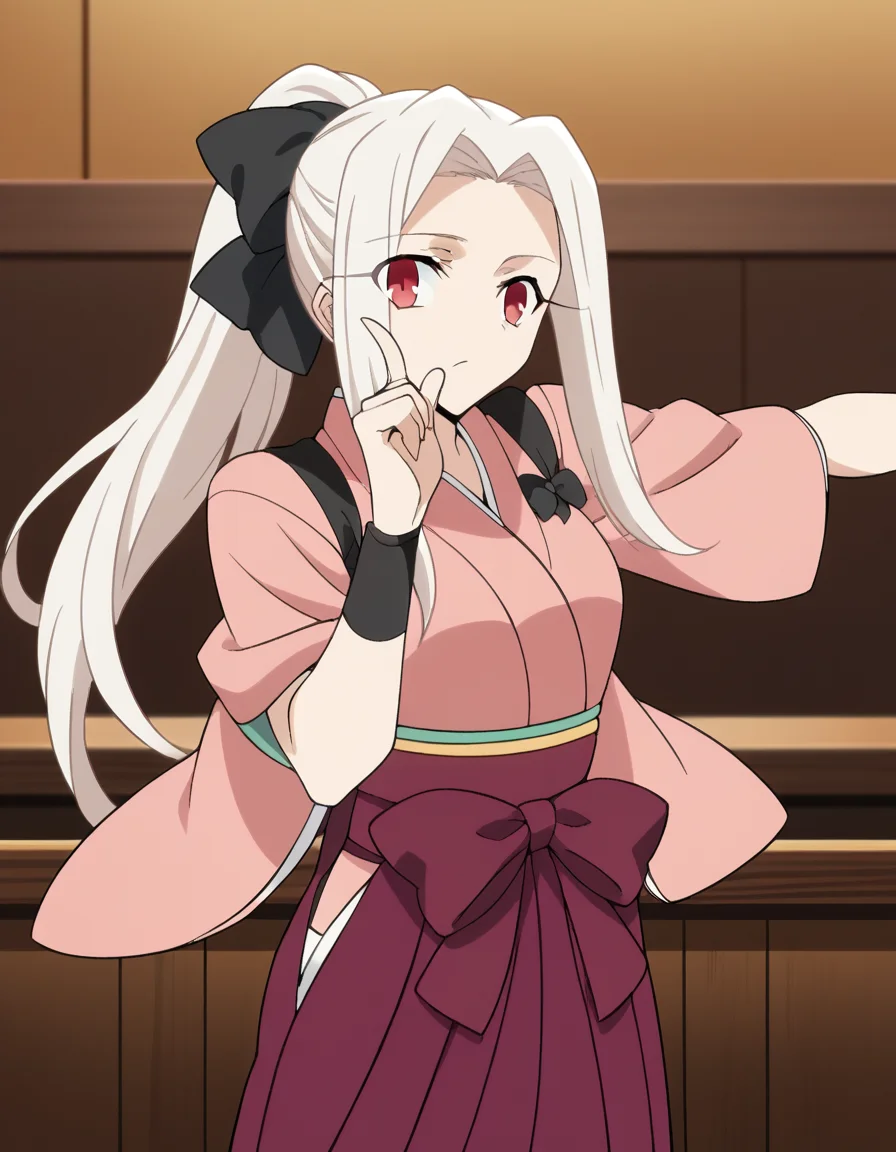 score_9, score_8_up, score_7_up, source_anime, <lora:irisviel-von-einzbern-zero-anime-ponyxl-lora-nochekaiser:1>, irisviel von einzbern, long hair, red eyes, white hair, parted bangs, hair intakes, mature female,, bow, ponytail, hair bow, japanese clothes, kimono, sash, hakama, purple hakama, gloves, pink kimono, hakama skirt, black bow,, bar, drinks, stools, counter, nightlife, , <lora:hoshino-ruby-dance-ponyxl-lora-nochekaiser:1>, hoshino ruby dance, finger wagging, index finger raised, dancing, outstretched arm,, looking at viewer, solo,, dutch angle, cowboy shot
