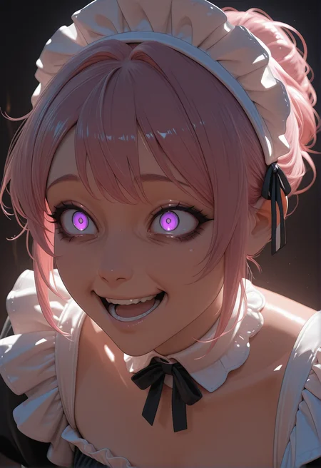 <lora:CivChan:1> Civchan, digital art, female portrait, realistic 3D illustration, purple eyes, maid headdress, pink hair, elegant updo, soft lighting, contemplative expression, dark background, subtle makeup, high-resolution, detailed texture, emotional depth, dramatic mood, classic black dress, crazy eyes, laughing, serene atmosphere, cinematic lighting.