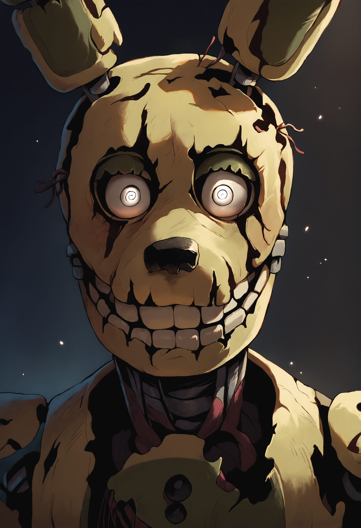 score_9, score_8_up, score_7_up, source_anime, close-up, (portrait:0.7), (springtrap, animatronic), FNAF, white eyes, cinematic, detailed, office, dark background, blurry background, light particles, best quality, masterpiece <lora:Springtrap_v3:0.88> <lora:sharp_style_magin3.1:0.3> <lora:Pony_DetailV2.0:0.75>