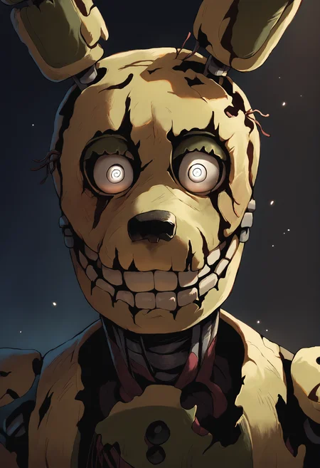 score_9, score_8_up, score_7_up, source_anime, close-up, (portrait:0.7), (springtrap, animatronic), FNAF, white eyes, cinematic, detailed, office, dark background, blurry background, light particles, best quality, masterpiece <lora:Springtrap_v3:0.88> <lora:sharp_style_magin3.1:0.3> <lora:Pony_DetailV2.0:0.75>