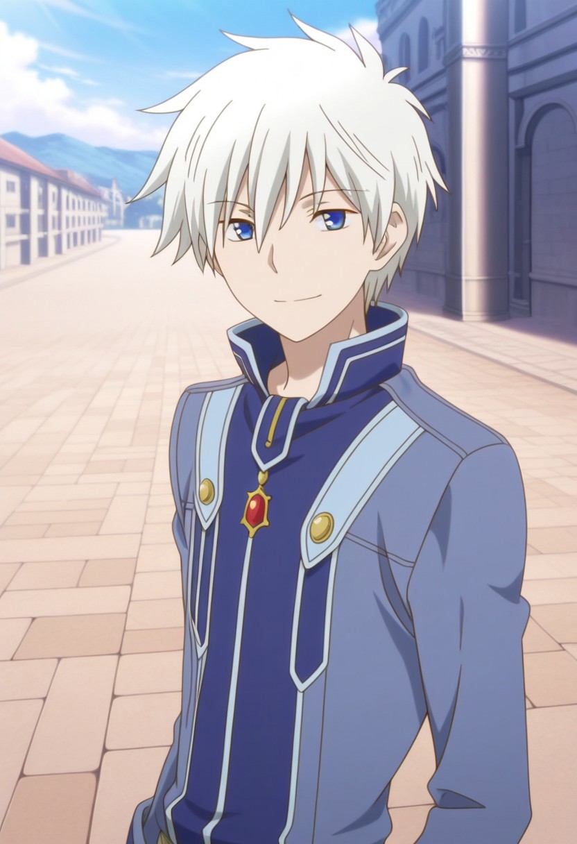 masterpiece,best quality,amazing quality, source_anime, 
ZenWistaria, 1boy, male focus, solo, blue eyes, white hair, jacket, blue jacket, high collar, smile, looking at viewer, outdoor,
