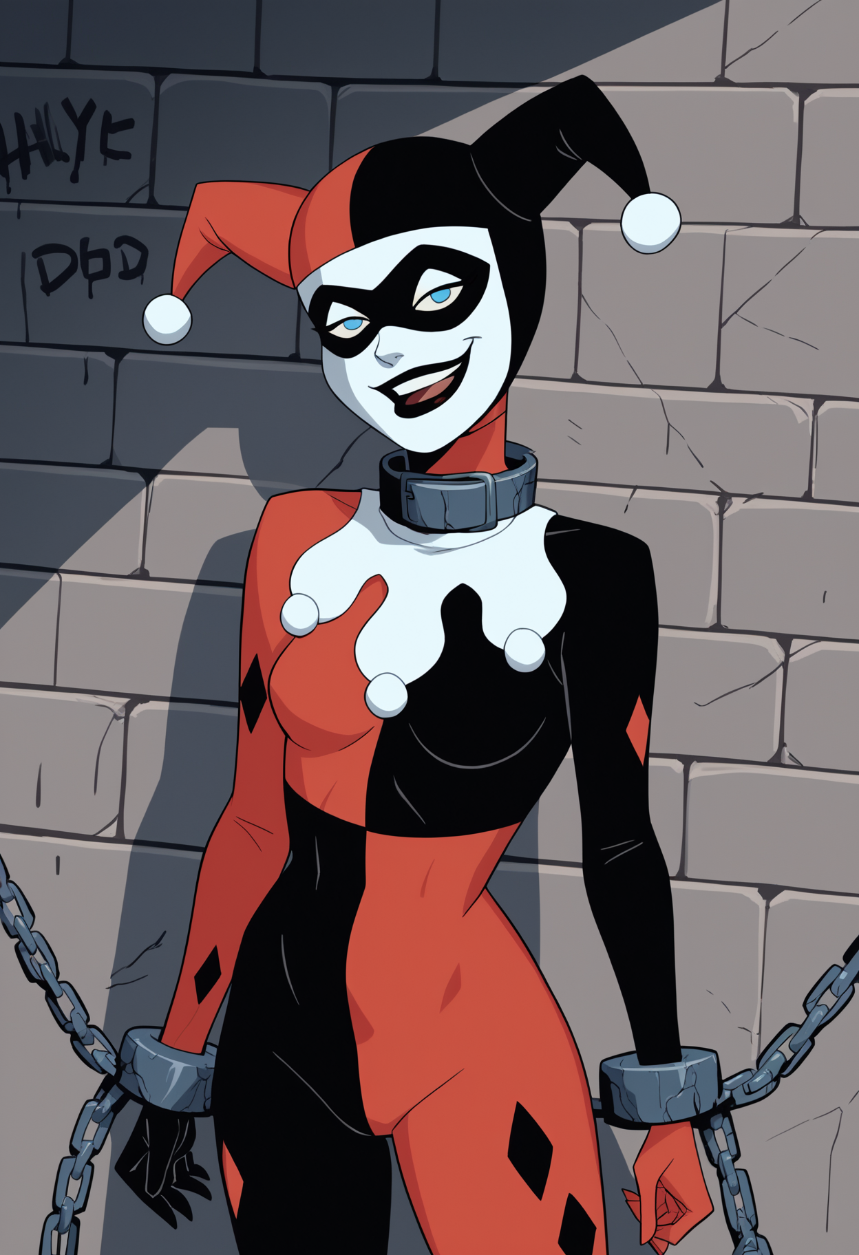 score_9, score_8_up, score_7_up, score_6_up, score_5_up, score_4_up, BREAK source_cartoon,
1girl, hq1992, domino mask, jester cap, bodysuit, blue eyes, gloves,
chained collar, chain, leotard,
indoors, stone wall, graffiti, dirty, mold, looking at viewer, defeat, crazy smile   <lora:HQ1992XL:1>