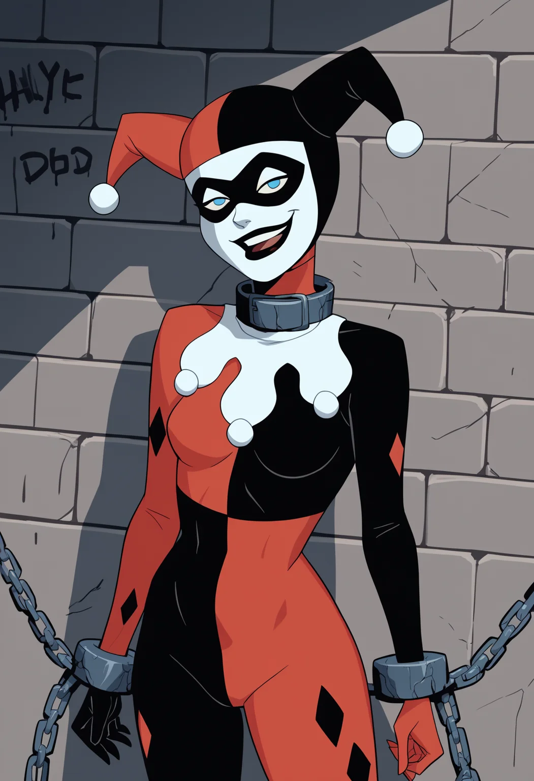 score_9, score_8_up, score_7_up, score_6_up, score_5_up, score_4_up, BREAK source_cartoon,
1girl, hq1992, domino mask, jester cap, bodysuit, blue eyes, gloves,
chained collar, chain, leotard,
indoors, stone wall, graffiti, dirty, mold, looking at viewer, defeat, crazy smile <lora:HQ1992XL:1>