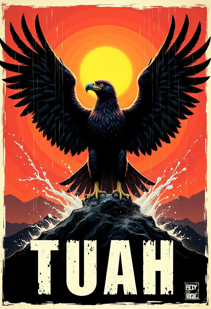 aidmaTextImprover, An illustration of Hawk spread wings shouting at viewer, with wet white text:"TUAH" at bottom, sunbeam, water splashing, propaganda poster.