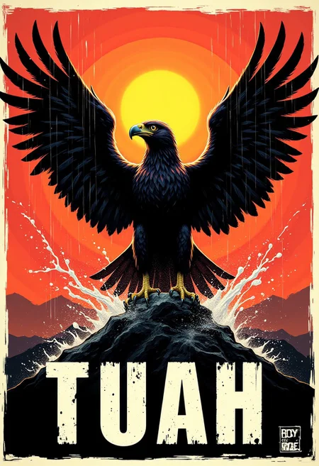 aidmaTextImprover, An illustration of Hawk spread wings shouting at viewer, with wet white text:"TUAH" at bottom, sunbeam, water splashing, propaganda poster.