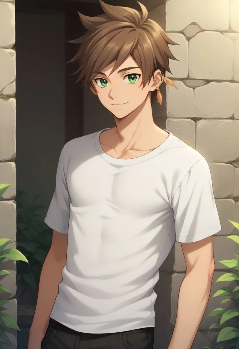 score_9, score_8_up, source_anime, highly detailed, 1boy, solo, male_focus, slender, skinny, upper body,
sorey, solo, brown hair, male focus, smile, 1boy, pants, upper body, green eyes,
shirt, black, shirt,
outdoor, ruins