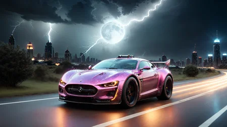 Hyperrealistic art a sci-fi future sportscar in random colors passing by, (camera from front:1.3), light speed, neon, flash, motion trail, (stars and a future City in the background:1.3), motion blur, epic visual effects, interstellar, flow, detailed, scifi, star blast, dark vibrant colors, cosmic art, stars in background, cinematic scene, lens flare, god rays, glow, glowneon, glowing, sparks, fullmoon night, stormy weather, lightning, ultra detailed , dramatic lighting, shallow depth of field detailed background, dark noir style, HDR, RAW, ray tracing reflections, sharp focus, ultra realistic
<lora:dreamcolor:0.3> <lora:style:0.3> <lora:EDG_-_Test_Lora:0.3> <lora:SDXLHighDetail_v5:1> <lora:LowRA:1> <lora:ste4mpunk:1> . Extremely high-resolution details, photographic, realism pushed to extreme, fine texture, incredibly lifelike