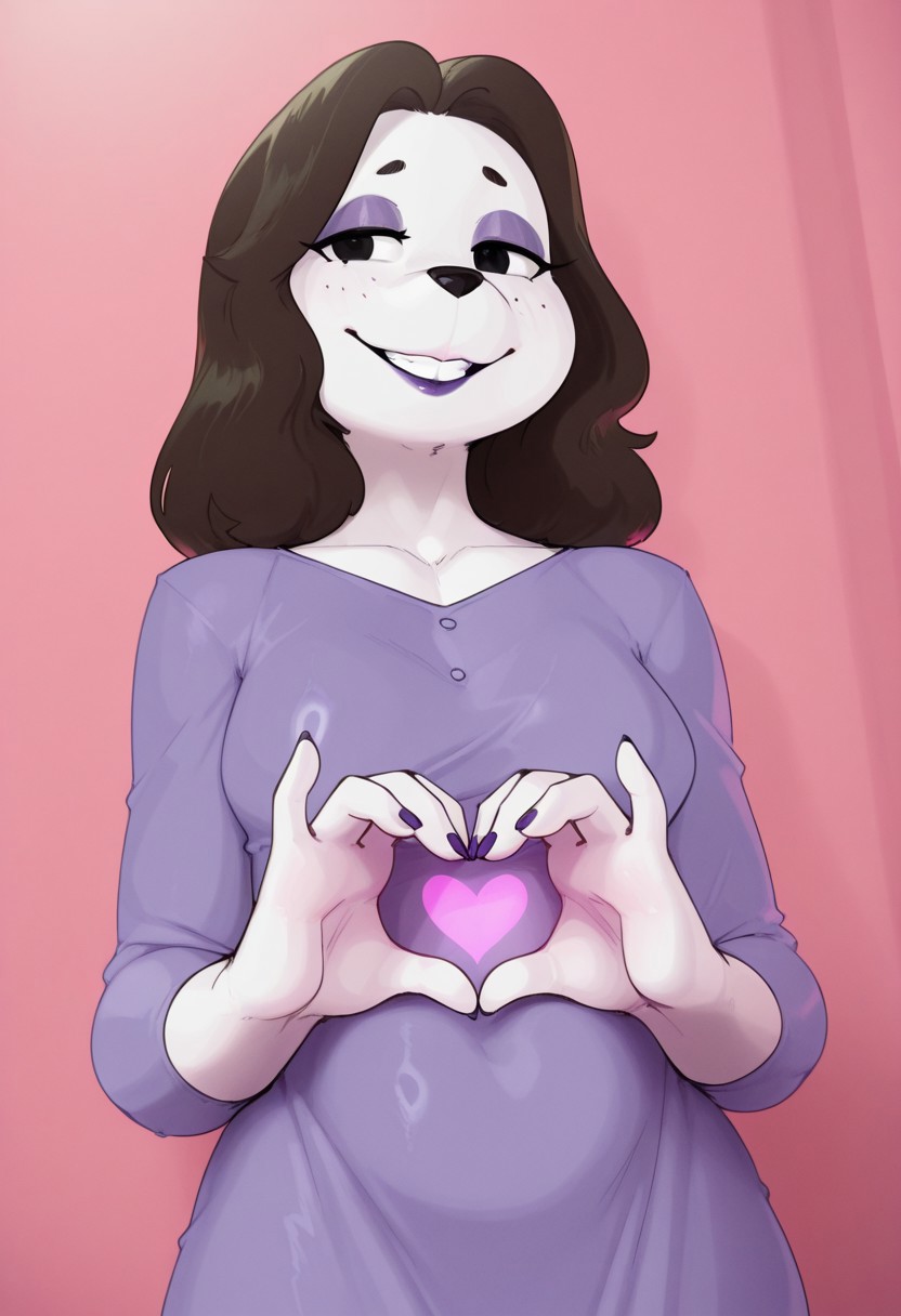 , 1girl, solo, medium build, medium hair, covered skin, flowy dress,  black eyes, purple lipgloss, smiling, portrait, upper body, heart hands, mature female, foreshortening, detailed, newest, shiny skin, cowboy angle, solo focus, furry, anthro, furry female, long hair, mdthetest, small breasts