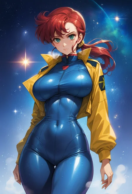 Gundam_00_Style, (Style: Gundam_00), Artist Style:urushihara_satoshi, score_9, score_8_up, score_7_up, ((rating:PG13)), (absurdres), 1girl, 20 year old woman, mobile_suit pilot, ((skintight)), ((jumpsuit)), large breasts, large ass, tiny waist, navel, sweaty, steam, looking at viewer, solo focus, seductive, horny, sexy, detailed eyes,
space station, space, light filtering, light particles, starry background