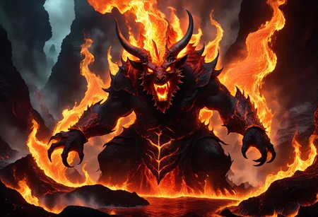 ferrous fire breathing, ghoulish, ghastly horned elemental in a hellish fiery lava filled environment. decimating everything in rage all around it. A lone wizard figure using magic to manipulate water to extinguish fires. OverallDetailXL