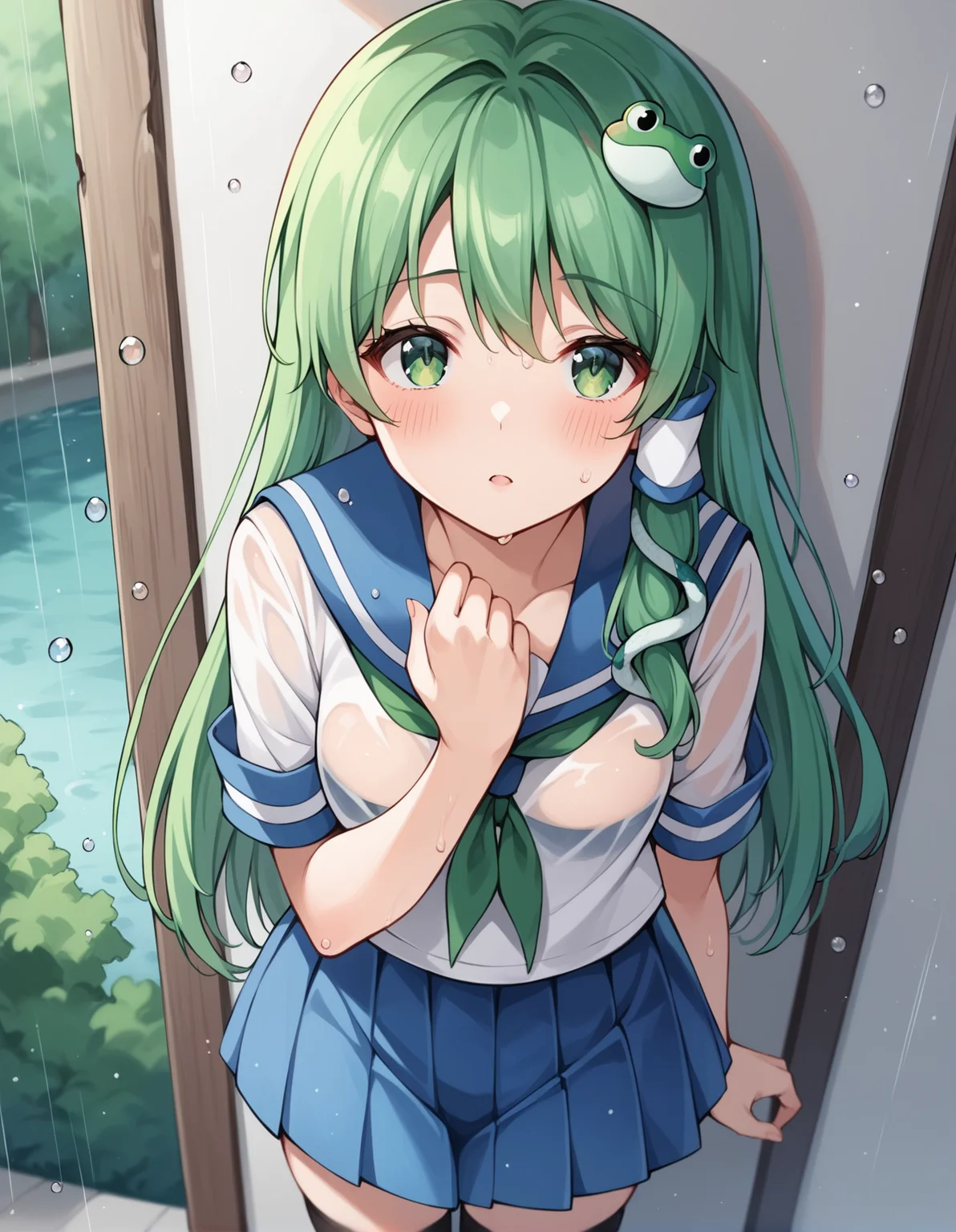 score_9, score_8_up, score_7_up, score_6_up, score_5_up, score_4_up, source_anime, rating_safe, BREAK <lora:sanaeXL_LoRA-C3Lier_AdamW_Dim8_Alpha8_UN-3e-4_TE-1.5e-4_10batch_ponyDiffusionV6XL_v6StartWithThisOne:1>, kochiya sanae, 1girl, green hair, long hair, green eyes, frog hair ornament, hair tubes, snake hair ornament, serafuku, pleated skirt, thighhighs, hand on own chest, looking at viewer, looking up, blush, worried, wet, see-through, rain, water drop, forest, against wall, building