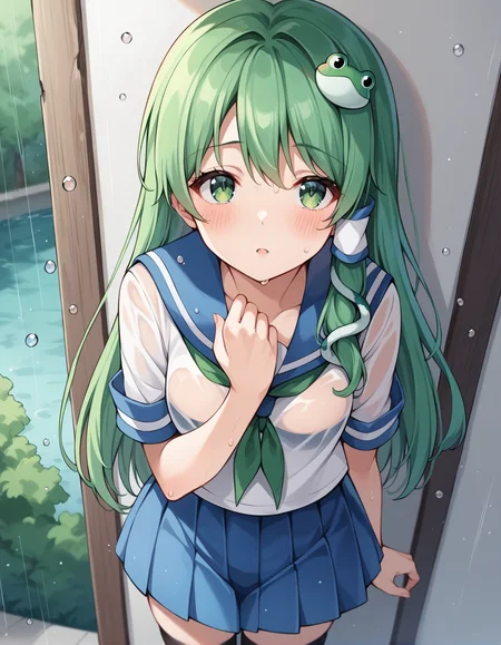 score_9, score_8_up, score_7_up, score_6_up, score_5_up, score_4_up, source_anime, rating_safe, BREAK <lora:sanaeXL_LoRA-C3Lier_AdamW_Dim8_Alpha8_UN-3e-4_TE-1.5e-4_10batch_ponyDiffusionV6XL_v6StartWithThisOne:1>, kochiya sanae, 1girl, green hair, long hair, green eyes, frog hair ornament, hair tubes, snake hair ornament, serafuku, pleated skirt, thighhighs, hand on own chest, looking at viewer, looking up, blush, worried, wet, see-through, rain, water drop, forest, against wall, building