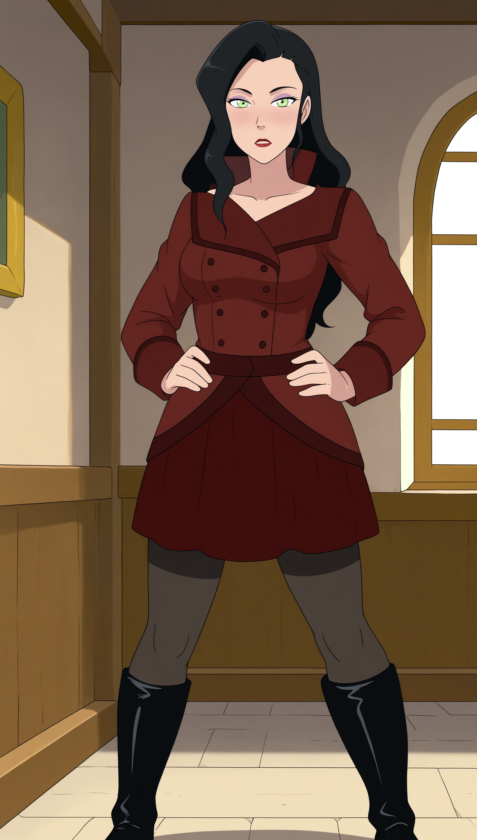 masterpiece, anime coloring, newest,  Korra Asami, solo, looking at viewer, dress, standing, full body, pantyhose, boots, black footwear, knee boots, hands on own hips, indoors, blush  <lora:JN_Korra_Asami_Illus:0.8>