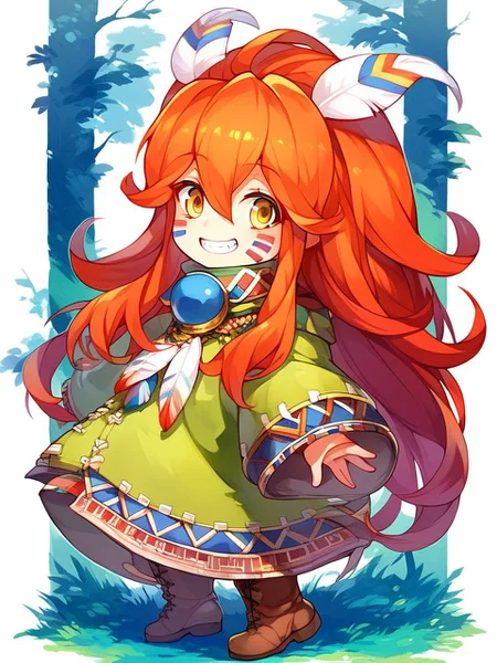 score_9, score_8_up, score_7_up, source_anime, rating_explicit, BREAK <lora:Popoi_XL:1>
Popoi, long hair, androgynous, feather hair ornament, hair ornament, feathers, red hair, facepaint, facial mark, orange hair, Yellow eyes, very long hair, hair between eyes, chibi,
smile, solo, grin, full body, boots, from side,
forest,