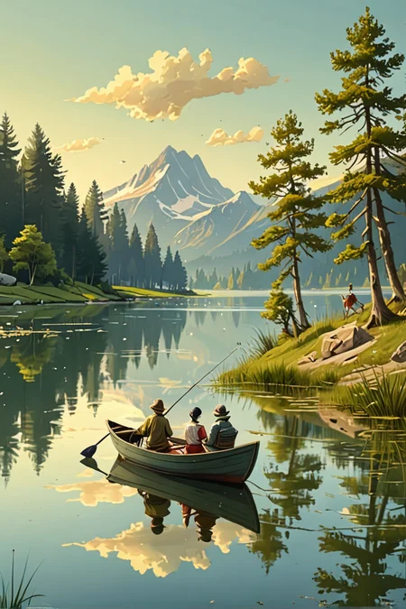 (Absurd Caricature), A serene lake, with a couple fishing from a small boat, enjoying the peace and quiet.