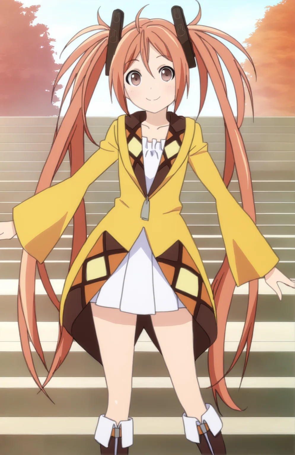 AiharaEnju, 1girl, solo, long hair, orange hair, hair ornament, twintails, brown eyes, collarbone, frills, long sleeves, knee boots, smile,