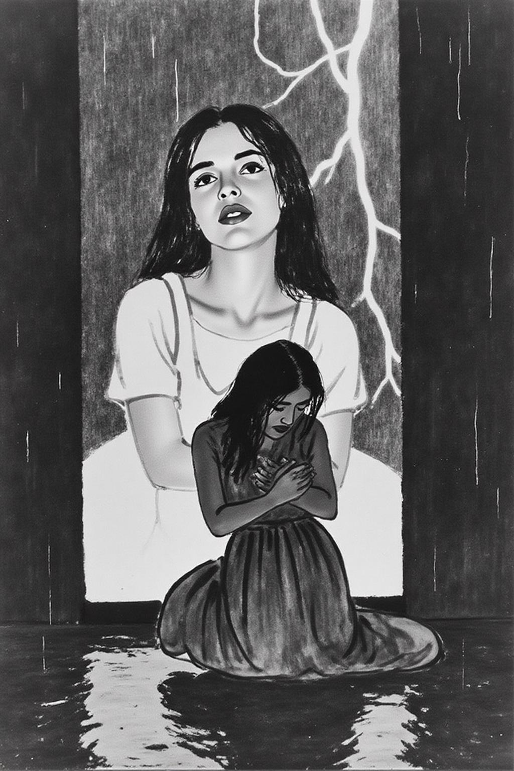 qbs1 ink wash minimalist painting.
Shot from the side, surreal, overhead shot of a woman with long, dark hair, kneeling on a wet surface under intense rain and lightning. She wears a  dress, clinging to her as she gazes forward with an intense, almost sorrowful expression. Behind her, a massive digital screen displays a blurred, haunting image of the same woman, layered with flashes of lightning, adding a surreal, dreamlike quality. <lora:qbs1_cap_d6a3e12:1.0><lora:818434214996359678:0>