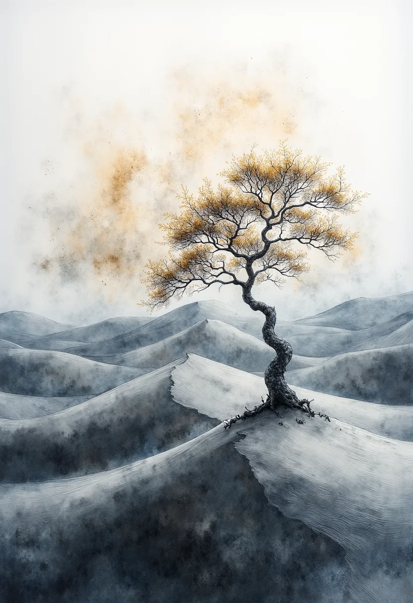 Against an expanse of minimalist dunes carved by subtle linear shapes and clear lines, a solitary tree emerges in elegant silhouette. Its gentle curves bend gracefully under a soft wind, casting delicate shadows upon the deserts surface. The camera lens fixates on its simple forms, emphasizing clean lines and reduced complexity. The landscapes uniformity is punctuated by the delicate tree, merging impressionistic brushstrokes with minimalist simplicity. With colors limited to a subdued palette of muted greys and golden accents, this stark yet poetic scene conjures feelings of solitude and timelessness, evoking deep reflection within the observer. ,<lora:flux/fav/paintart-style-015-v1-0-flux.safetensors:1.0:1.0>