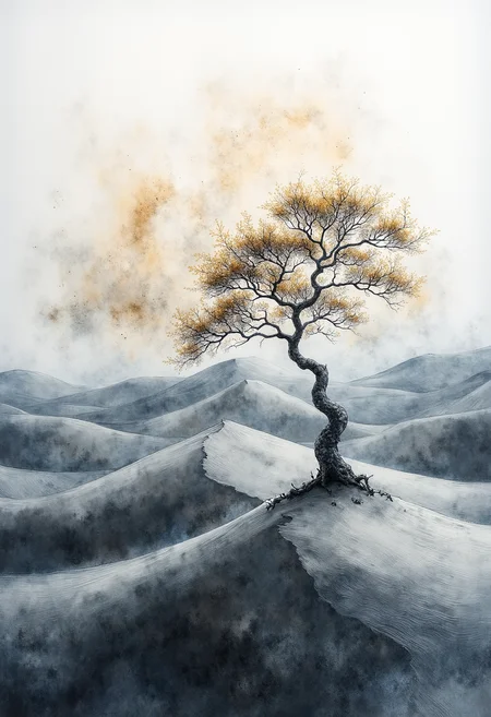Against an expanse of minimalist dunes carved by subtle linear shapes and clear lines, a solitary tree emerges in elegant silhouette. Its gentle curves bend gracefully under a soft wind, casting delicate shadows upon the deserts surface. The camera lens fixates on its simple forms, emphasizing clean lines and reduced complexity. The landscapes uniformity is punctuated by the delicate tree, merging impressionistic brushstrokes with minimalist simplicity. With colors limited to a subdued palette of muted greys and golden accents, this stark yet poetic scene conjures feelings of solitude and timelessness, evoking deep reflection within the observer. ,<lora:flux/fav/paintart-style-015-v1-0-flux.safetensors:1.0:1.0>