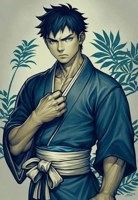 PonyXLV6_Scores 1boy, male focus, martial artist, kimono, black hair, blue eyes, bishonen, video game character, street fighter, OH GOD FALLEN DONT KICK ME IM TIRED, art by whatever, trending on pixiv, WatercolorMangaPDXL