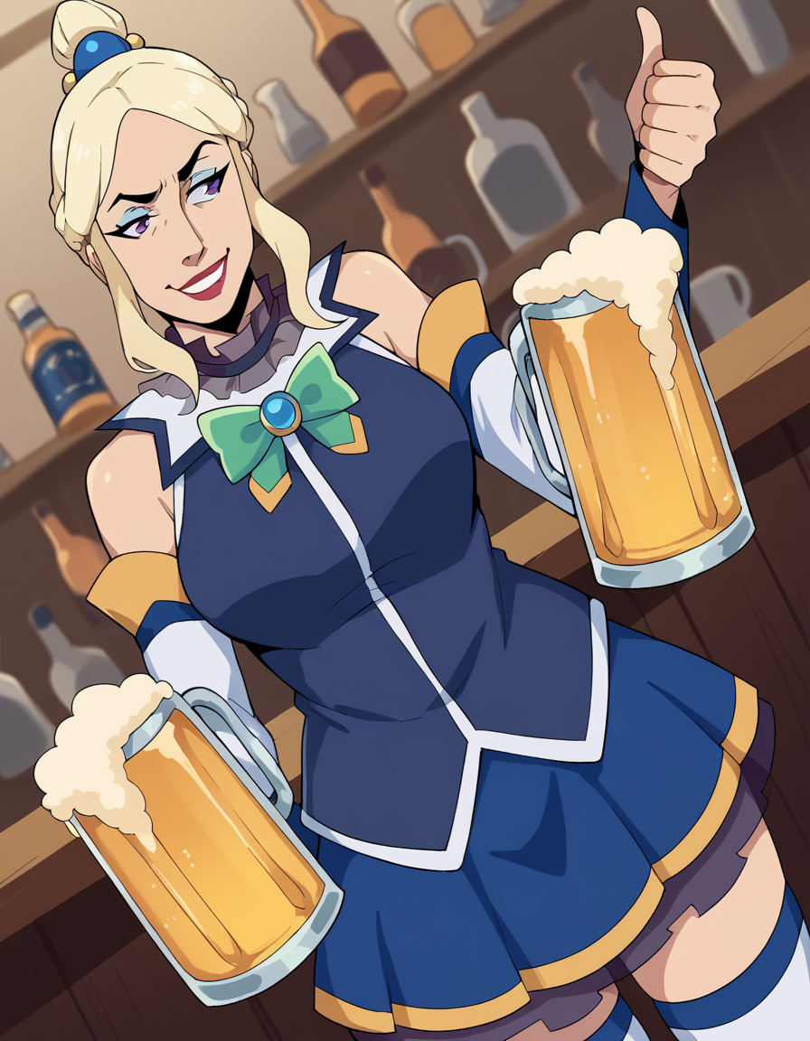 score_9, score_8_up, score_7_up, source_anime, <lora:allura-vysoren-s3-ponyxl-lora-nochekaiser:1>, allura vysoren, ponytail, blonde hair, sidelocks,purple eyes, makeup, lipstick, <lora:aqua-cosplay-ponyxl-lora-nochekaiser:1>, aqua cosplay, aqua (konosuba) (cosplay), skirt, shirt, thighhighs, bare shoulders, detached sleeves, white thighhighs, blue skirt, blue shirt, green bow,, bar, beer, beer mug, thumbs up, smile, smug, holding beer mug,,, , dutch angle, cowboy shot