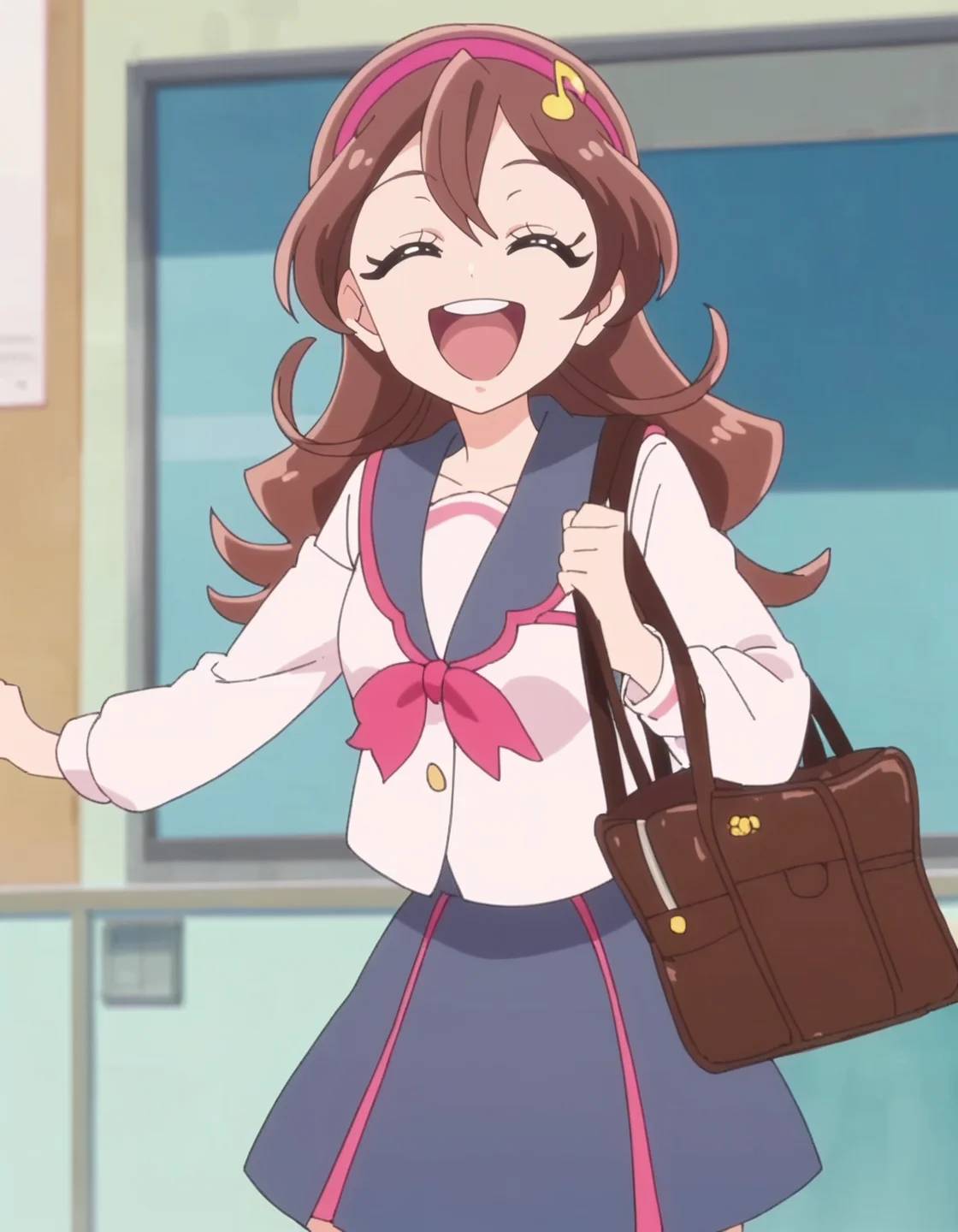 score_9, score_8_up, score_7_up, anime screencap, solo,1girl,sakurauta,school uniform, open mouth, smile, skirt, pink hairband, sailor collar,looking at viewer,cowboy shot,medium breasts,singing,closed eyes,open mouth,<lora:sakurauta_pony_v2:0.8>