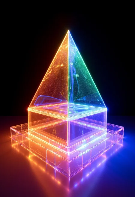ArsWorldOfLight, a glowing prism made of light, with a gradient of coloured light in the colours of th rainbow, red, orange, yellow, green, blue, indigo and violet
