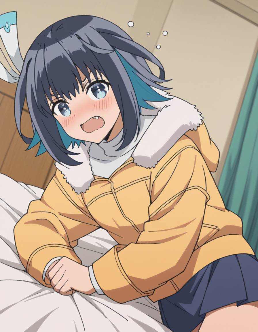 score_9, score_8_up, score_7_up, source_anime, <lora:konoha-akisato-s1-ponyxl-lora-nochekaiser:1>, konoha akisato, blue eyes, black hair, blue hair, multicolored hair, fang, two-tone hair,, skirt, jacket, fur trim, blue skirt, yellow jacket,, indoors, bed, bed room, on side, blush, drunk, looking at viewer, solo,, cowboy shot, dutch angle