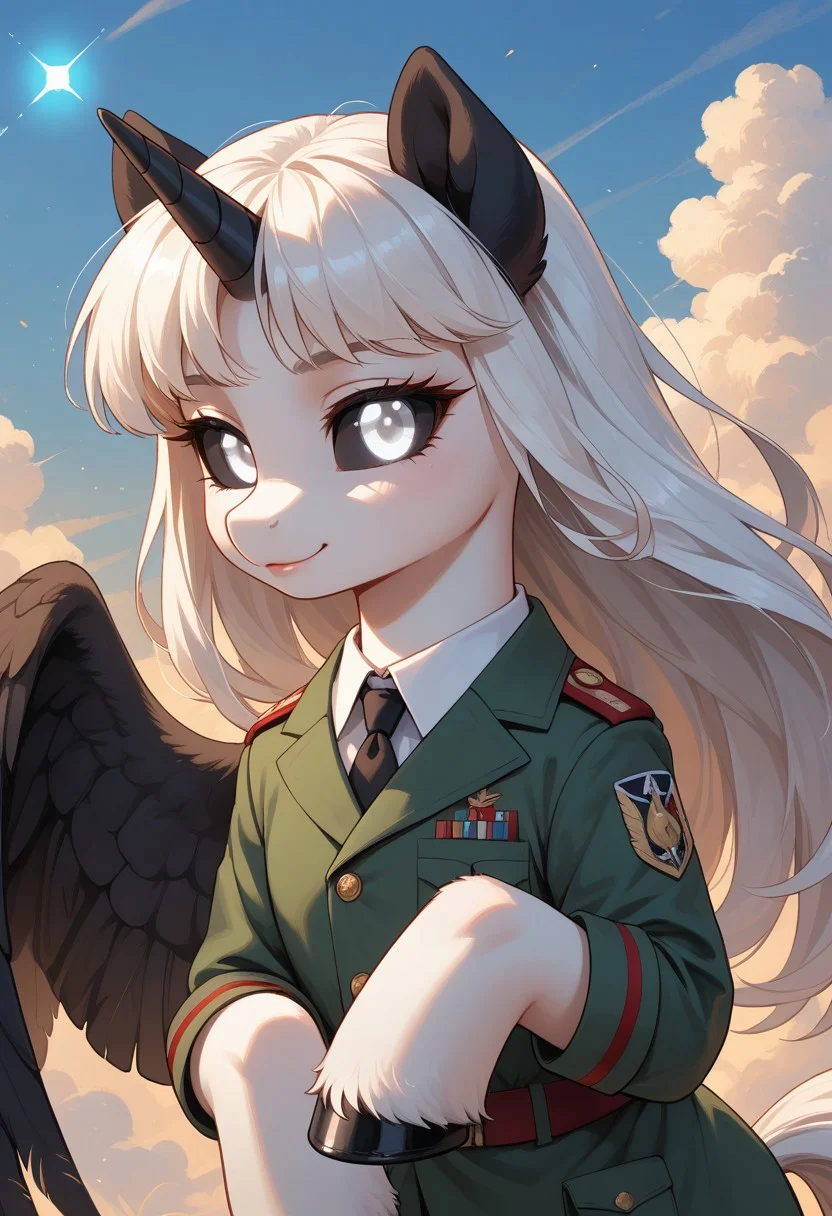 score_9, score_8_up, score_7_up, score_pony,
BREAK
Albina, 1girl, feral pony, pony, (white fur1.5), (white long hair:1.2), black sclera, white eye, (glowing white eyes:1.4), (black wings:1.1), (black ears:1.1),cute, Great! Here's a new prompt- Albina is a unicorn pony who was taken as a foal and raised to be a weapon by the Equestrian military. She was trained in the arts of war and combat, and is a skilled fighter despite her young age. However, Albina doesn't enjoy the life of a solider, and yearns for freedom and peace. One day, she manages to escape the clutches of the military, and sets out on a journey to find her own path in life. Does this work?