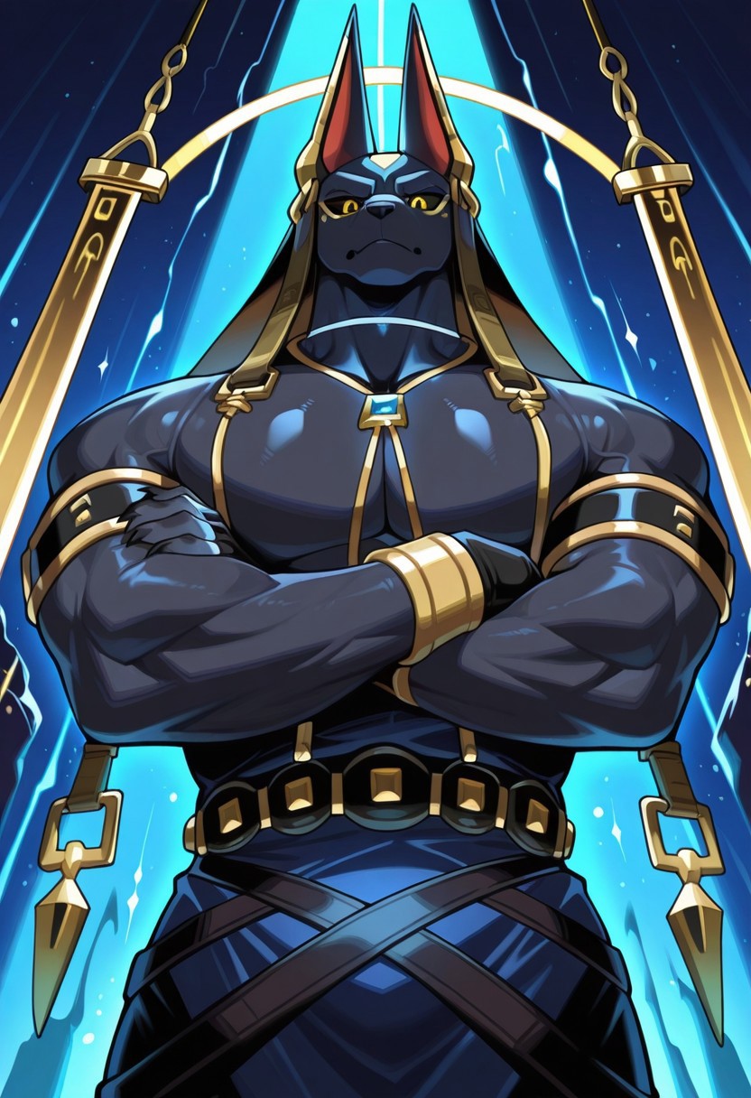 best quality, newest, absurdres,solo,Anthro,drew,black body,muscular male,black sclera,yellow eyes,black pupil,jewelry,crossed arms