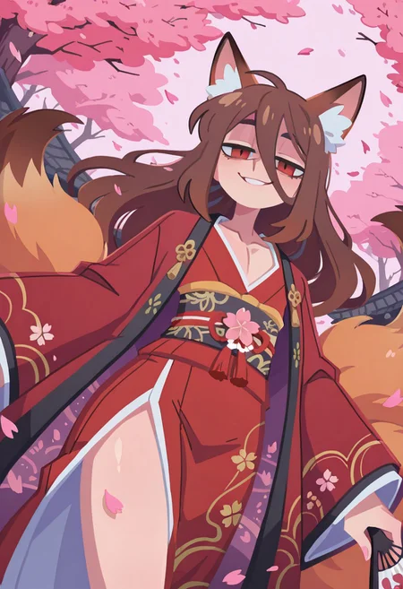 Sfw, highest quality, masterpiece, intricate details, highly detailed, deep red drapped kimono with gold embroidery, embroided kimono, japanese fan, dutch angle, cowboy shot, dynamic shot, dynamic pose, 1 boy, solo, otoko no ko, flat chest, pectorals, brown fox ears, long hair, long bangs, brown hair, fox tail, nine tails, masculine eyes, masculine face:0.8, average physique, tall, yandere, smirk, chiaroscuro, very awa, t4kar4i_illu, no_outlines,no lineart, vanripper:0.2, cherry blossom, petals, pink atmosphere