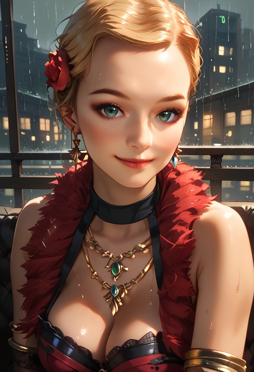 SCORE_9, SCORE_8_UP, SOURCE_ANIME, PORTRAIT, CLOSE UP, FACE FOCUS, SUBTLE SMILE, 1GIRL, SOLO, JESSICA ROSE, BLONDE HAIR, GREEN EYES, CHIGNON, HAIR FLOWER, CHOKER, EARRINGS, FEATHER BOA, COREST, TIERED MINISKIRT, 1ARM CUFF, BRACELETS, ELBOW GLOVES, NECKLACE, BREAK, DARK CITY, RAINING