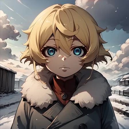 score_9, score_8_up, score_7_up,
TanyaDegurechaff, 1girl, solo, looking at viewer, short hair, blue eyes, blonde hair, hair between eyes, upper body, outdoors, cloud, uniform, coat, fur trim, cloudy sky, snow
,score_9, source_anime
,<lora:TanyaPonyV2:0.8>