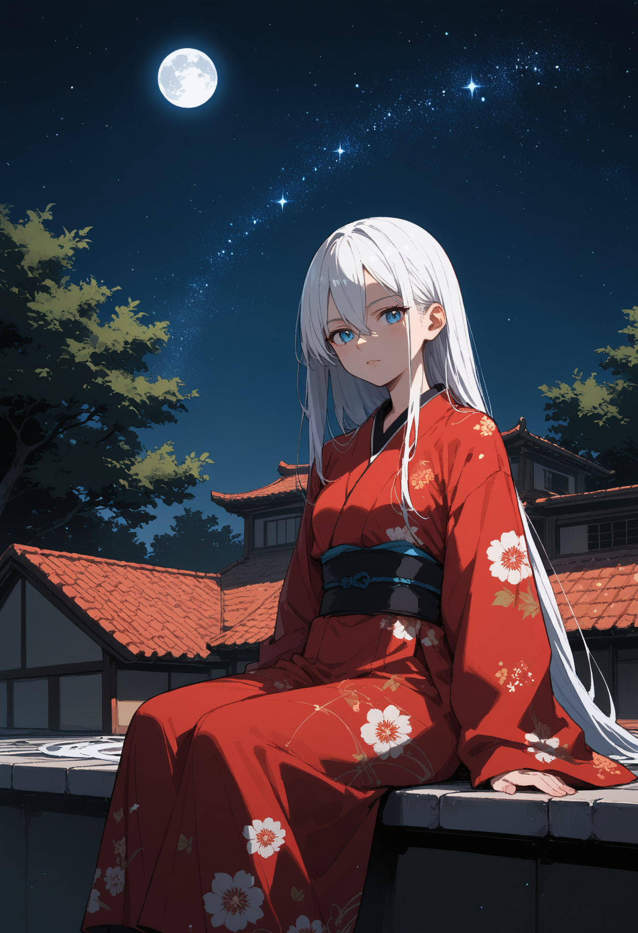 score_9, score_8_up, score_7_up,source_anime,1girl,solo,white hair,very long hair,hair between eyes,blue eyes,perfecteyes,eyebrows,red kimono,floral pattern,sitting on roof,roof tiles,starry sky,(night sky),stars,moon,trees,red leaves,sinozick,flat colors