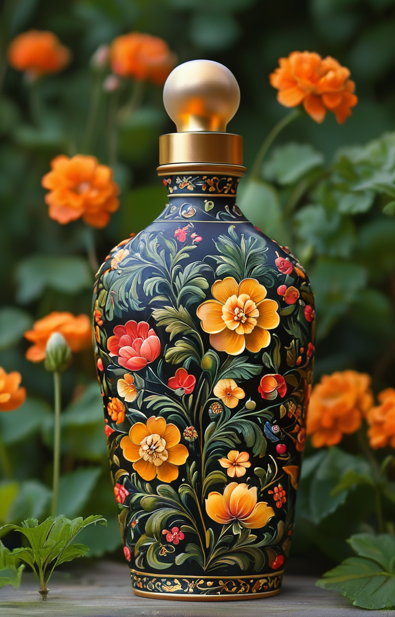 masterpiece,best quality,<lora:tbh230-sdxl:0.9>,illustration,Khokhloma, A bottle of perfume in garden