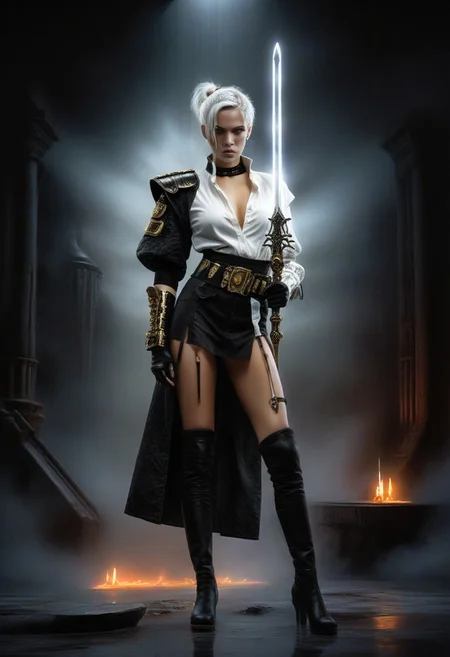 Ultra-detailed, hyper-realistic 8K render, cinematic lighting, HDR+, cyberpunk noir atmosphere. A female character with short white hair styled into two small cat-ear-like buns. She wears a black and white tactical outfit: long skirt with gold accents, white blouse with gold embroidery, black belt with buckles, gloves, and thigh-high boots. She holds a large black sword with gold detailing, standing confidently with her right hand on the hilt. Cold ambient glow contrasts with deep red neon highlights reflecting off her gear. Subtle holographic projections flicker in the background, volumetric mist swirls at her feet. Neutral expression, sharp yet elegant design, sleek battle armor textures, reflective floor, motion-ready stance