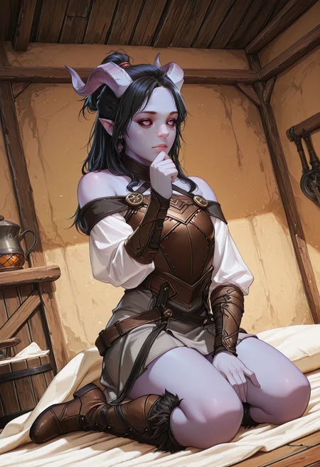 very awa, flat_colors, anime_coloring, anime_style, [sei shoujo], [yoshiten], style parody, [bang dream!], [arcane: league of legends], [league of legends], (dynamic angle:1.3), (cowboy shot:1.2) BREAK 1girl, solo, <lora:tiefling:0.7> tiefling, pointed ears, horns, jewelry on horns, (black sclera:1.2), blank eyes, black hair, half-up ponytail hair, purple eyes, (light aqua skin:1.2), muscular body, long legs, flat chested, perfect hands, moist lips, (thinking), closed mouth,eye roll BREAK barbarian, wearing exposed studded (detailed medium grey_red and medium yellow_brown leather armor top), breastplate, off-shoulder, puff sleeves, pastel grey_red skirt, knee boots,, <lora:Barbarian_Outfit:0.7> B4rbarian, fur trim BREAK medieval, fantasy, indoors, provincial house, wood floors, living room,, sitting, seiza , arm raised, on floor, blanket, pillows, cool light, volumetric lighting BREAK <lora:Expression_Detailer_Illustrious_Lora:0.7> <lora:DarkerThanDarkIllustriousV1:0.5> <lora:Relatively_Default_V1_Illu_Edition:0.6> RD-Illu