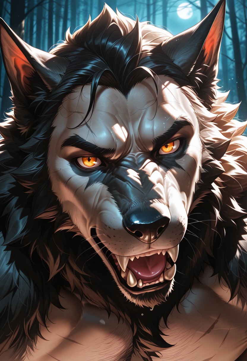 best quality, high-detailed background, hi res, realistic, solo, close up, handsome, species:werewolf, mid-transformation,
